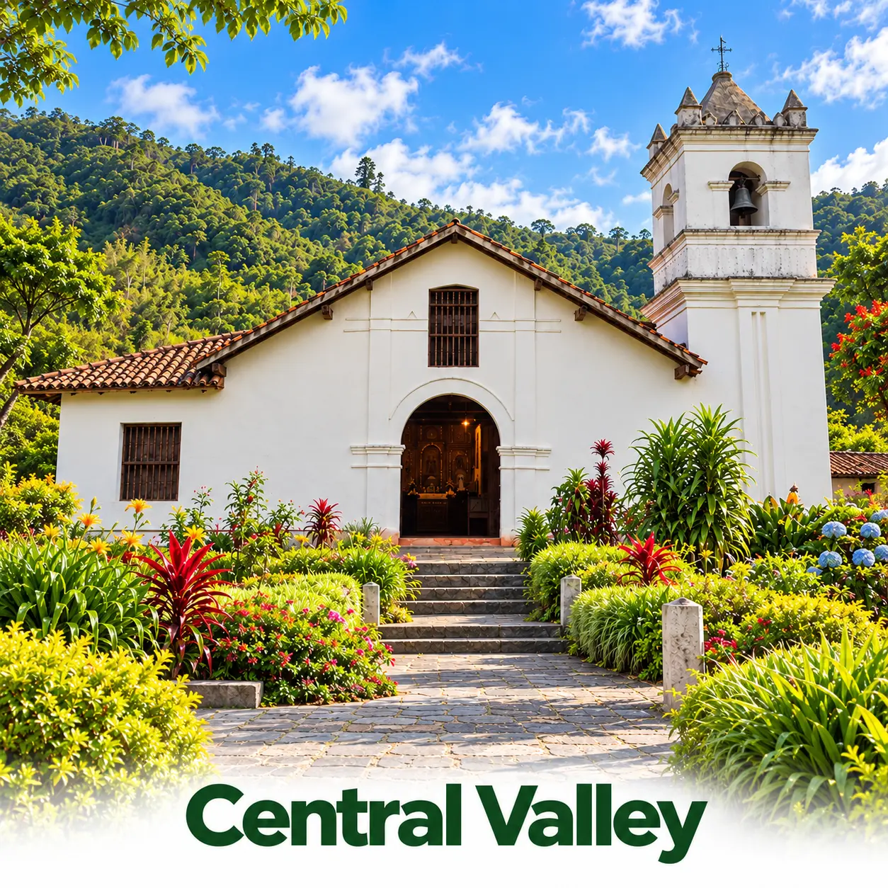 A white colonial church surrounded by tropical gardens in the Central Valley