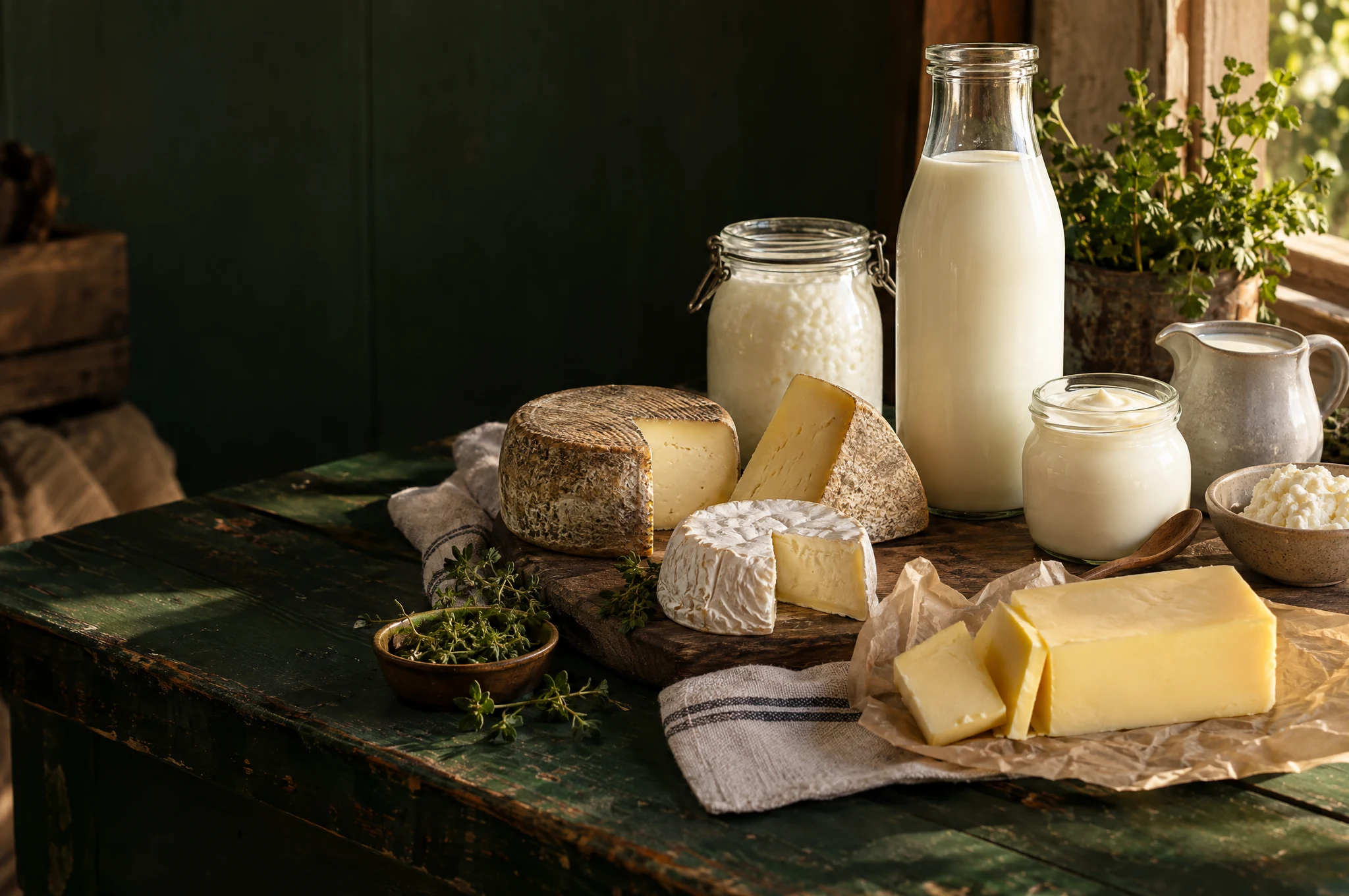 Milk, kefir, artisan cheeses, yogurt, cream, and butter on a market table