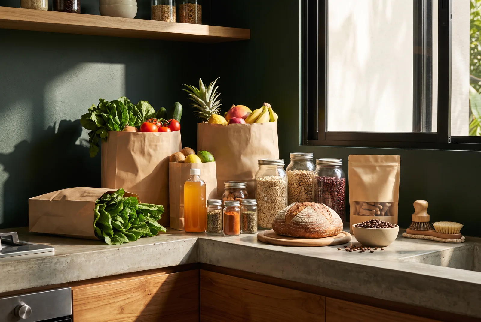 A grocery order with produce, pantry goods, coffee and pet supplies