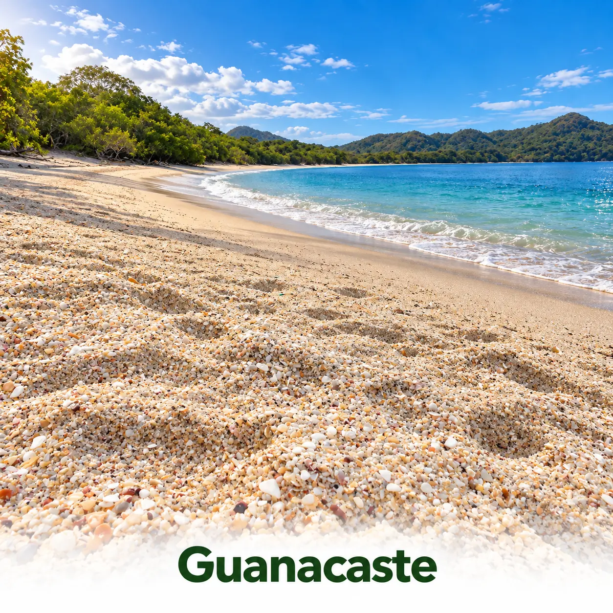 Shell-covered sand and turquoise water on a Guanacaste beach