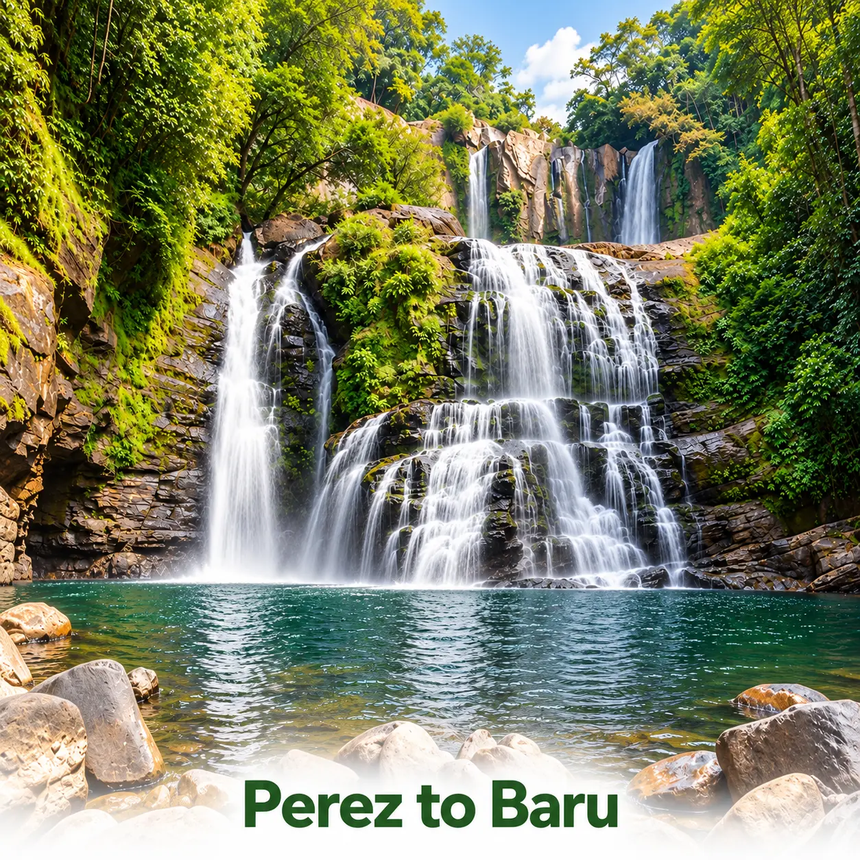 Waterfalls pouring over mossy rocks into a green pool in Perez to Baru