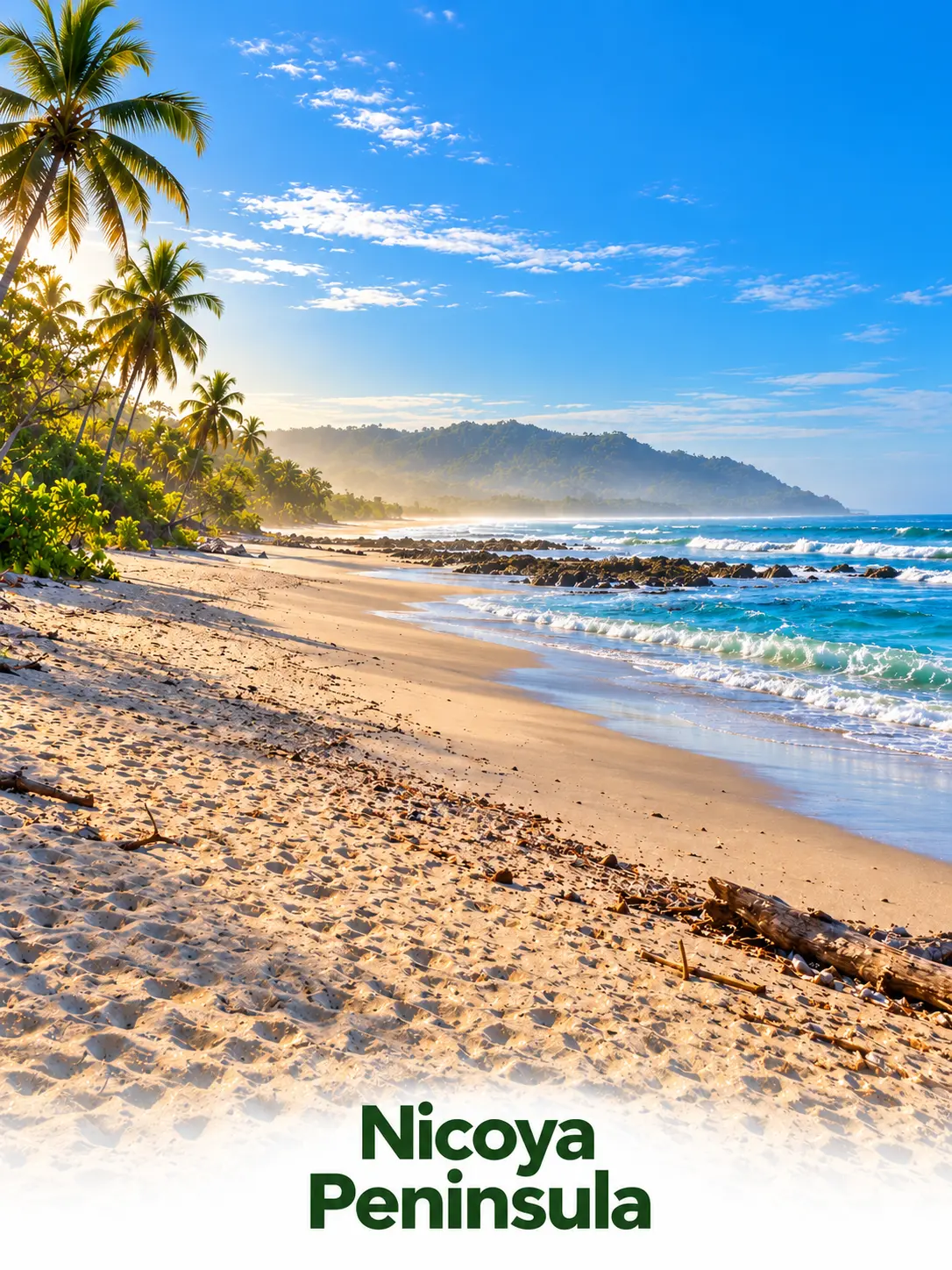 Sunlit palm-lined beach on the Nicoya Peninsula