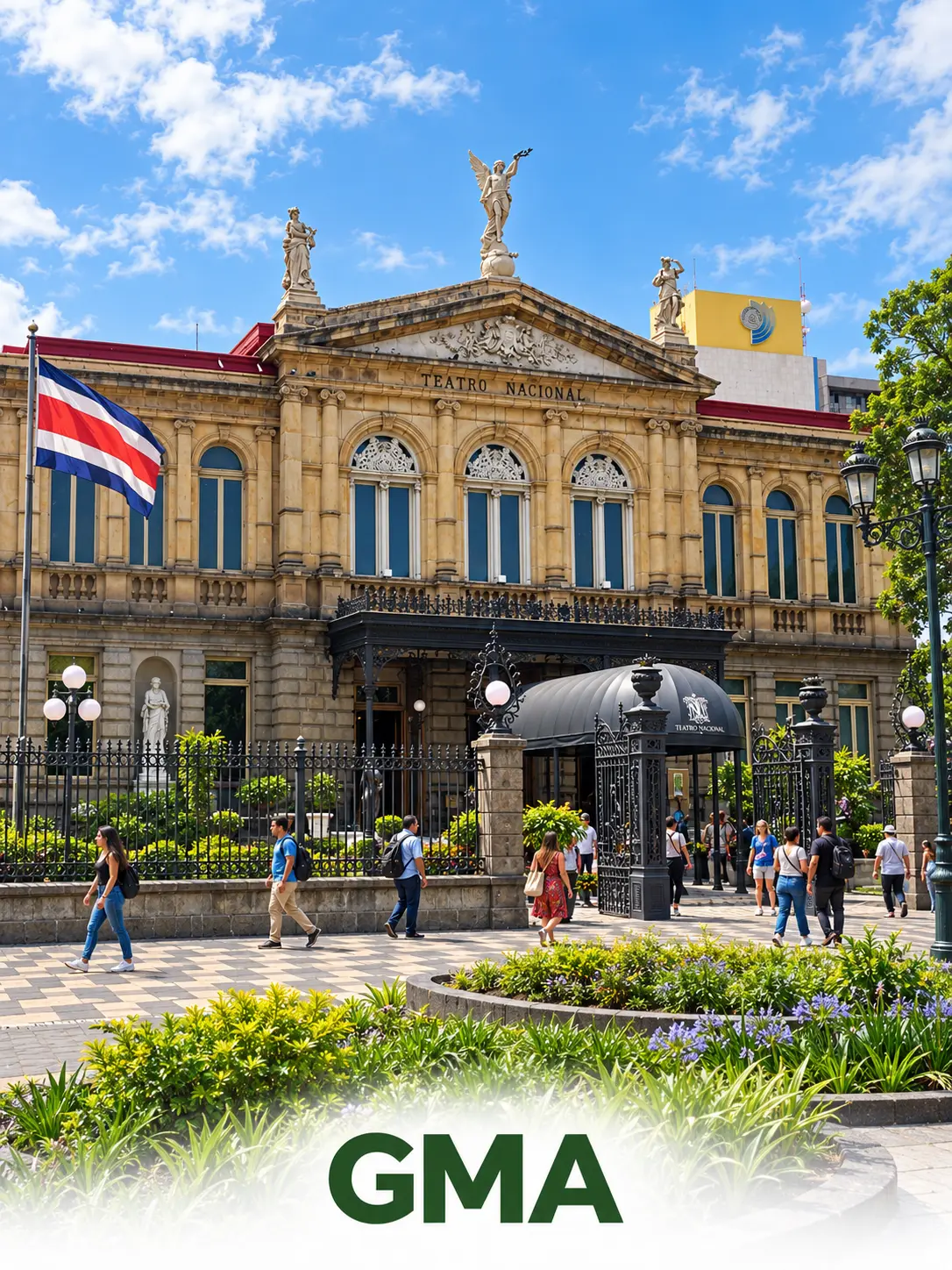 The National Theater of Costa Rica under a blue sky in the greater metropolitan area